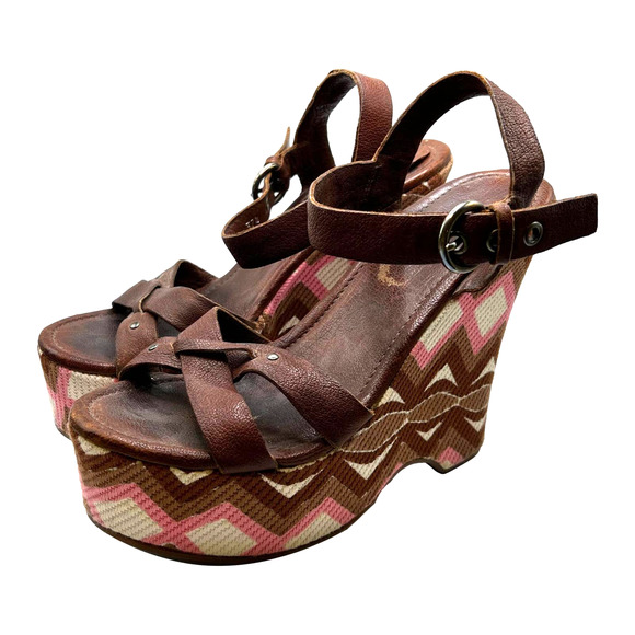 Miu Miu Shoes - Miu Miu Graphic Zig Zag Print Pink Brown Platform Wedge Sandal  Size 371/2 EUC